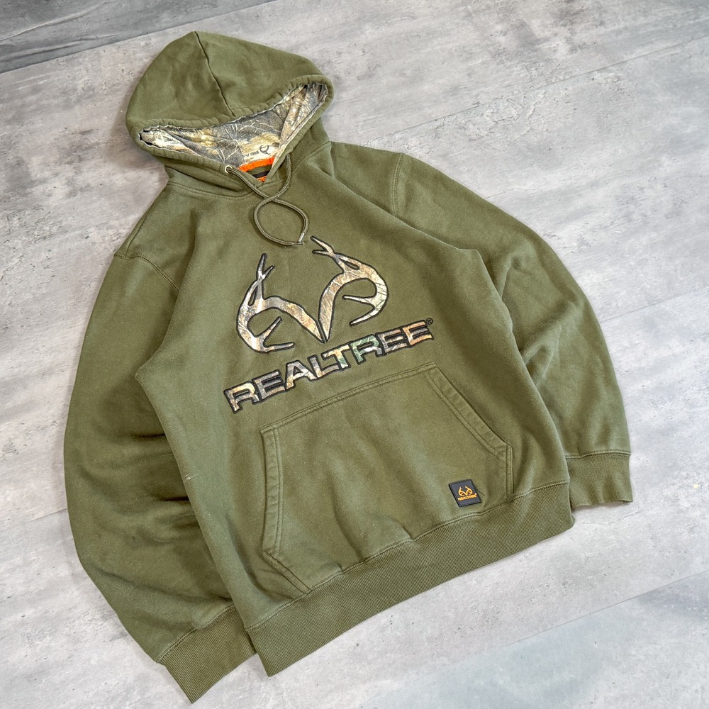 VIntage VTG Y2K 2000's 00's Real Tree Olive Green Camo Pattern Hood Green Hoodie